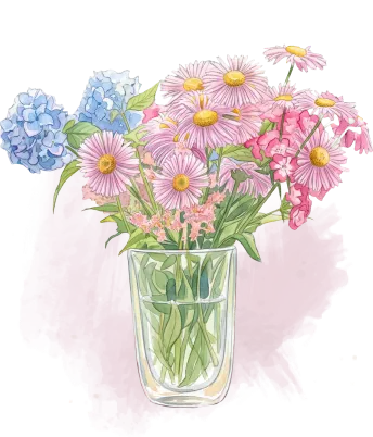 Illustration de fleurs coupées, hortensias et marguerites roses dans un vase