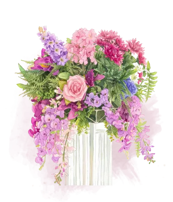 Illustration d’un bouquet de fleurs roses et violettes dans un vase blanc