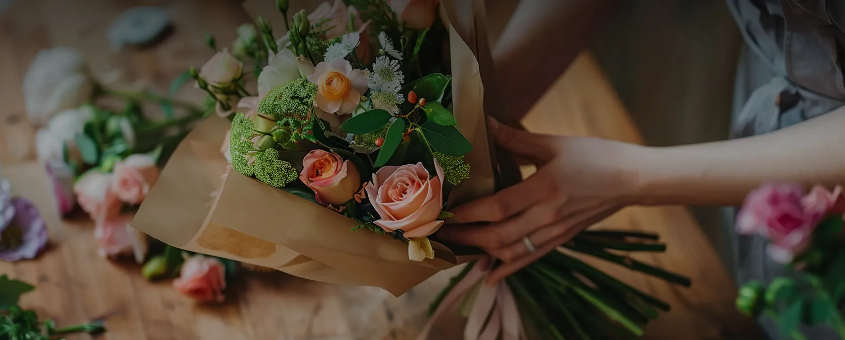 Fleuriste emballant un bouquet de roses pastel et de feuillages dans du papier kraft