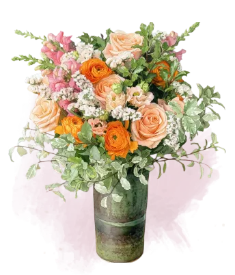 Illustration d’un bouquet de roses orange et de feuillages dans un vase