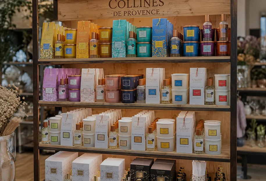 Étagères de bougies et parfums d’ambiance Collines de Provence dans la boutique